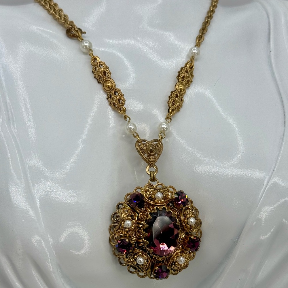 Vintage West Germany Filigree Pendant Necklace -Purple Rhinestones & Faux Pearls